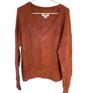 PINK Victoria's Secret NEW long sleeve golden brown vneck sweater Large